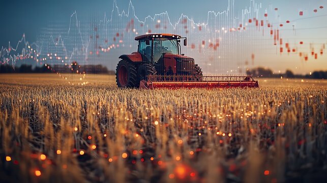 tractor harvesting wheat in field with financial graphs overlay symbolizing agricultural economics