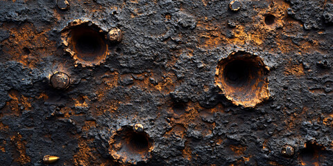 bullet mark. A close-up of a surface with craters, suggesting impact or damage, with bullet marks, a textured surface, and an abstract pattern.
