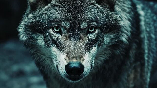 A wolf stares intensely at the camera with its piercing green eyes