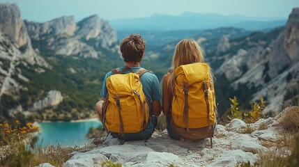 travellers couple hiking on easy trail in nature with backpacks young tourist spending summer vacation oudoors sitting on rocks ,enjoying breathtaking view