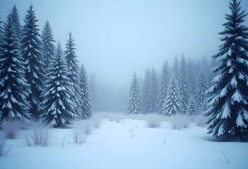 Naklejka premium Beautiful winter landscape with snow covered trees in fog 