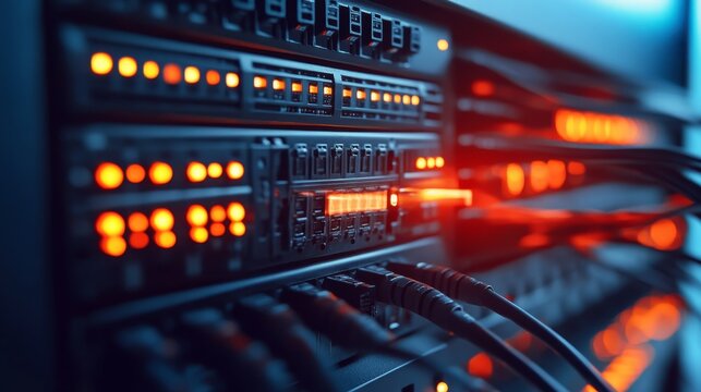 Servers stack with glowing ethernet cables in data center, Technology and connectivity equipment