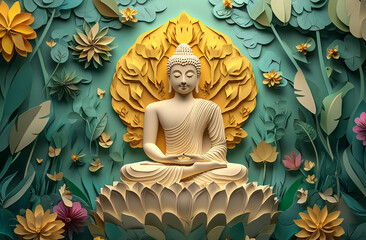 Fototapeta premium Buddha in a lotus position, surrounded by flowers and trees. The background is colorful, with vibrant colors.