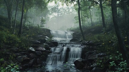 Fototapeta premium Misty Waterfall in a Lush Forest