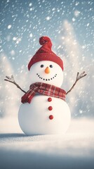 Fototapeta premium Happy snowman wearing Christmas cap, scarf in snow field. Head up, arms open wide. Snowing in air. 