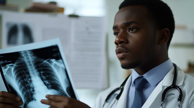 Young adult African American doctor reviewing a patient’s X-ray on a lightbox with detailed medical charts behind.