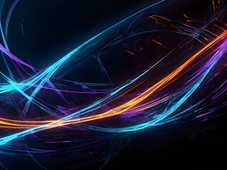 An abstract digital artwork background featuring swirling light trails in neon blue, purple, and orange hues, forming a dynamic, futuristic energy sphere. The background is deep black