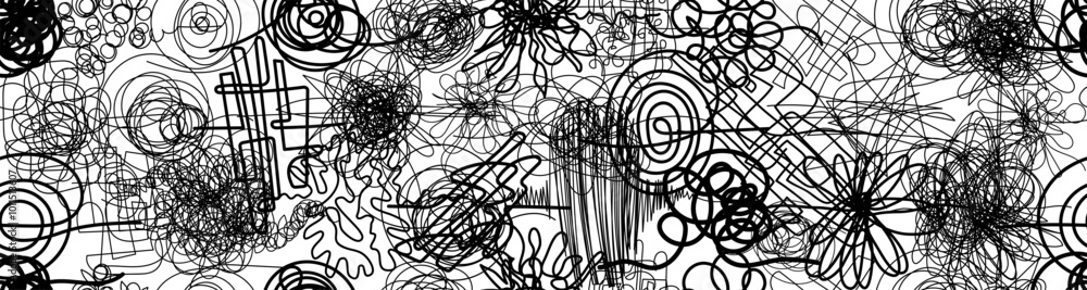 Poster seamless pattern hand drawn scribble black bold curved lines. doodle style sketches. seamless patter