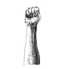 fist up hands fight gesture linear realistic colored illustration on white background