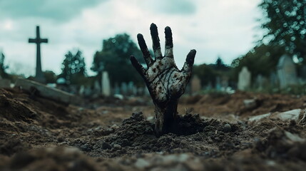 Haunted Graveyard Hand Dirt Rise Eerie Cross Tombstones Shadows Darkness