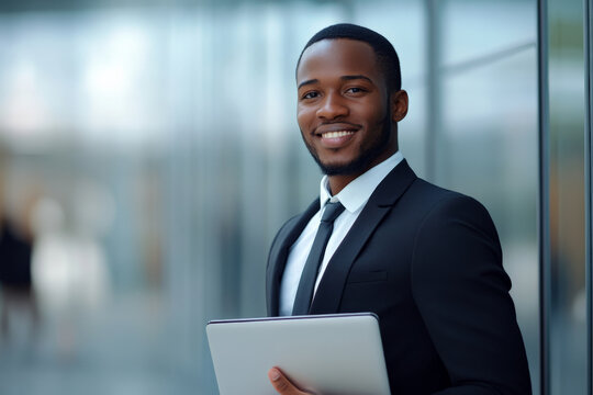 Young adult Black sales agent in formal attire, holding a laptop with a slight smile, modern technological background.