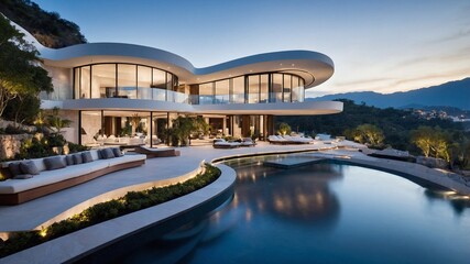Fototapeta premium A huge and luxurious cliffside villa with an infinity pool, seen from its curvilinear interior 