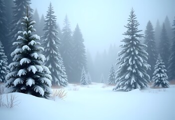 Beautiful winter landscape with snow covered trees in fog
