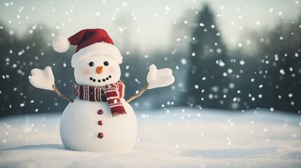 Happy snowman wearing Christmas cap, scarf in snow field. Head up, arms open wide. Snowing in air. 
