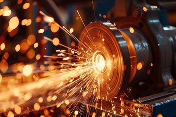 Worker cutting steel with grinder. Sparks while grinding iron