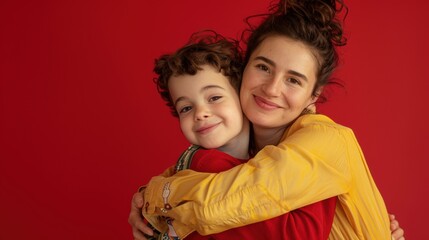 Red background setting Mother and son hug celebrating Mothers Day