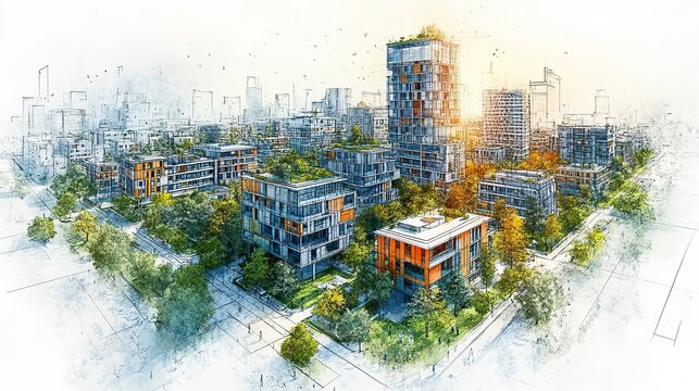urban planning sketch highlighting sustainable elements like green spaces public transportation ,pedestrian zones generative ai
