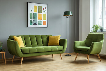 Design an interior of a living room with a green sofa and armchair, a wooden floor in a Scandinavian style with a grey wall.