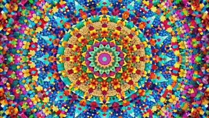 Obraz premium A vibrant and abstract mandala with a central starburst surrounded by radiating colors and geometric shapes.