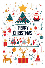 Christmas Tree Card bells,musical notes, stars, garlands, cookies,gift boxes, balls,Santa Claus and Deer