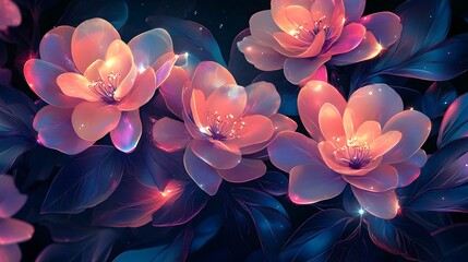 Elegant floral arrangement with iridescent flowers, against a dark background, in the style of vector art