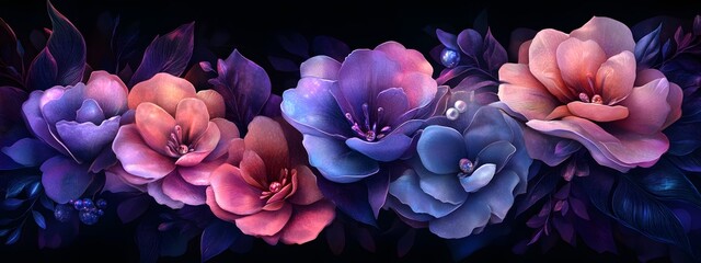 Elegant floral arrangement with iridescent flowers, against a dark background, in the style of vector art