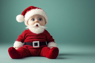  Baby in a Santa Claus outfit with a small red hat and white fluffy beard, sitting on a light green...