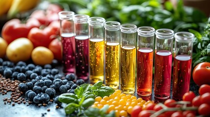 various foods ,test tubes representing food sensitivity ,intolerance testing