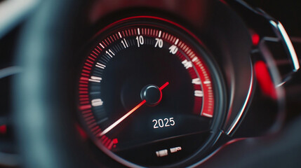 Fototapeta premium Black speedometer with needle moving to the year 