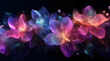 Elegant floral arrangement with iridescent flowers, against a dark background, in the style of vector art