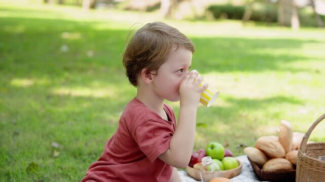 Caucasian boy raises glass water with orange juice in it, clink glasses with mother sitting across from holding glass, little child face smiled happily, feeling comfortable having picnic in garden.