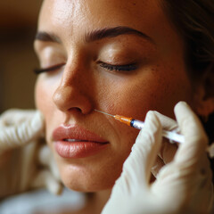 cosmetic botox injection into nasolabial folds, close-up