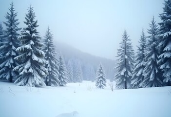 Fototapeta premium Beautiful winter landscape with snow covered trees in fog 