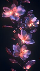 Elegant floral arrangement with iridescent flowers, against a dark background, in the style of vector art
