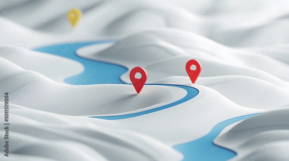 Poster 3d minimalist map with red location pins and winding blue path