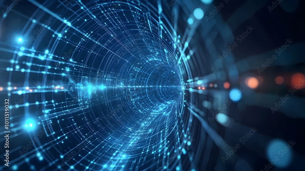 Poster abstract digital tunnel with glowing lines and data flow
