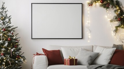 Festive living room with blank frame on wall, decorated Christmas tree, and cozy sofa adorned with red and white pillows, creating perfect holiday ambiance.