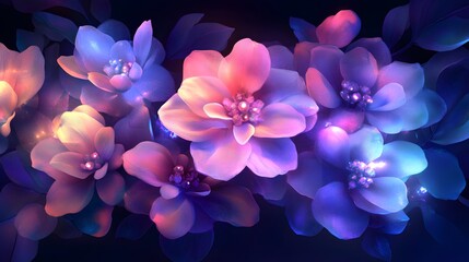 Elegant floral arrangement with iridescent flowers, against a dark background, in the style of vector art