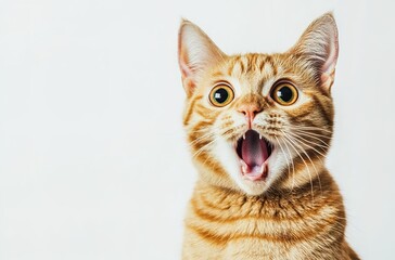 Obraz premium A ginger cat with an open mouth and surprised expression, solid white background