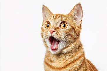 A ginger cat with an open mouth and surprised expression, solid white background