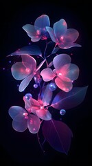 Elegant floral arrangement with iridescent flowers, against a dark background, in the style of vector art