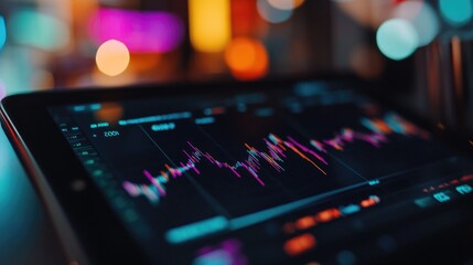 Obraz premium Close-up of a financial dashboard showing real-time stock prices and line graphs on a tablet