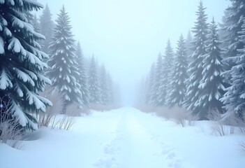 Obraz premium Beautiful winter landscape with snow covered trees in fog 
