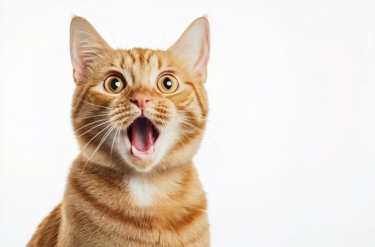 A ginger cat with an open mouth and surprised expression, solid white background