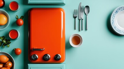A collection of modern kitchen equipment, including an orange stovetop, utensils, and fruit decorated on a turquoise surface, demonstrates vibrant functional design.