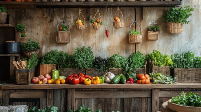 Rustic kitchen harmonizing wooden elements and fresh produce, designed with feng shui principles for grounding energy and balance