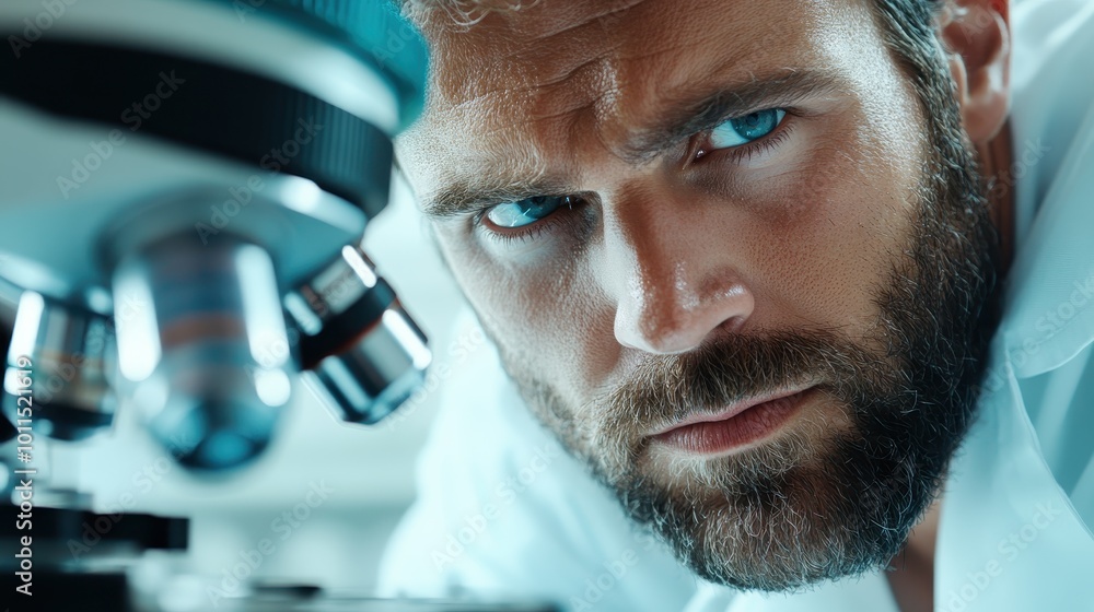 Poster a focused scientist intensely observes through a microscope, his expression reflecting determination