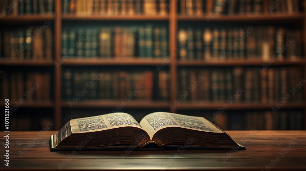 Poster open book on wooden table with blurred bookshelf background