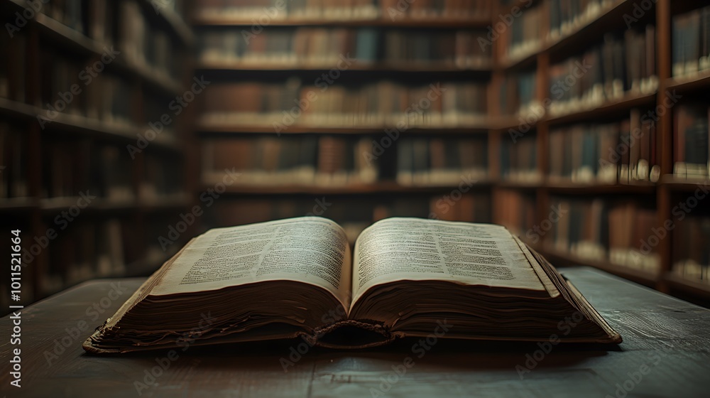 Poster open book on wooden table in library with bookshelves in background