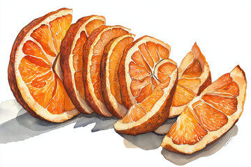 A vibrant illustration of sliced oranges, showcasing their juicy segments and bright colors, arranged in a visually appealing manner.